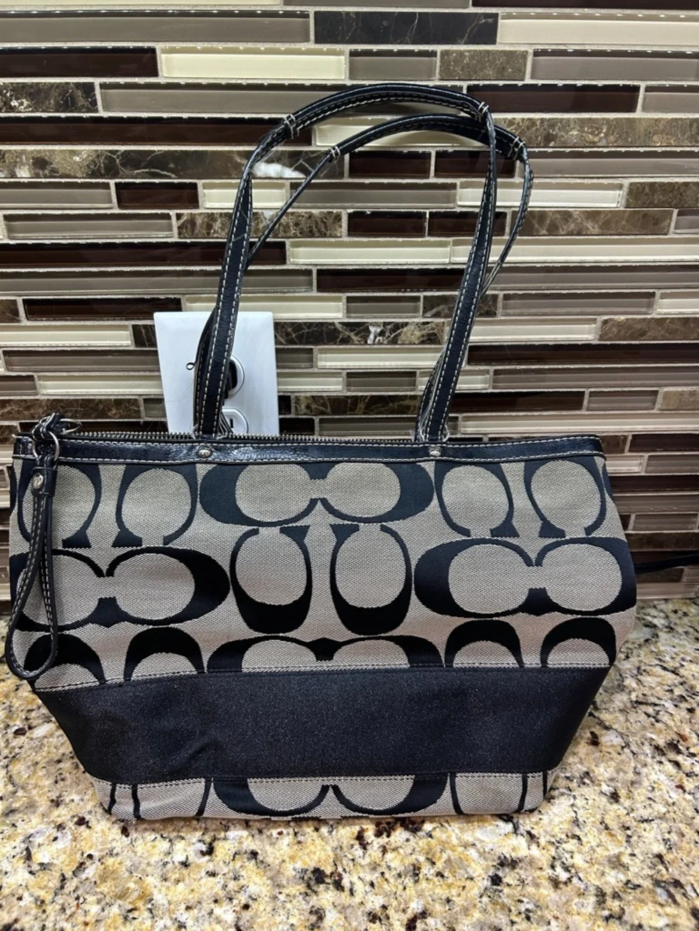 Coach Signature Tote in Black and Gray Canvas
